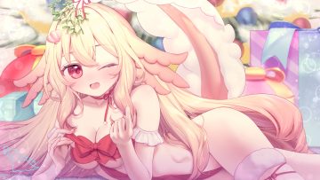 aliasing blonde hair bow breasts cameltoe choker christmas cleavage garter long hair nude pink eyes ribbons signed suyasuyasaurusu tail wink