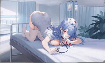 anthropomorphism ass azur lane bed blue hair blush breasts cleavage collar dress garter belt gloves headdress leaves long hair mask nopan nurse red eyes skintight stockings tagme (artist) transparent voroshilov (azur lane)