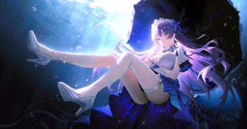95 (jiuwujiang) blue eyes breasts bubbles cantarella (wuthering waves) cleavage dress garter belt headdress long hair purple hair stockings umbrella underwater water wuthering waves