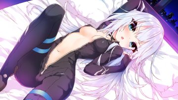 aqua eyes bed blush bodysuit breasts building city erect nipples gray hair long hair navel night no bra open shirt original saeki touma sky