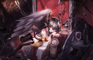 armor black hair breasts chain cleavage drink horns maio05321 original pointed ears red eyes thighhighs wings wristwear