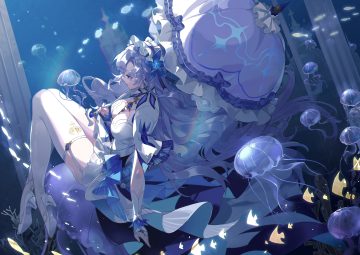 animal blue eyes breasts building cantarella (wuthering waves) cleavage dress fish garter belt headdress long hair purple hair stockings umbrella underwater water woodylixx wuthering waves