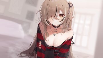 bed blush bow breasts brown eyes brown hair choker cleavage close deyui hololive long hair nanashi mumei necklace no bra ponytail skirt torn clothes