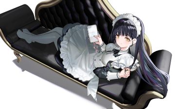 apron black hair bow couch dress hayama eishi headdress long hair maid original pantyhose phone white yellow eyes
