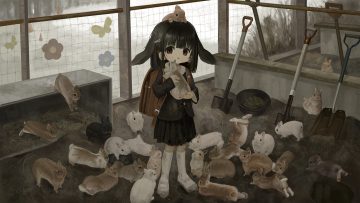 animal animal ears black hair bunny ears bunnygirl dark doubutsunoujyou kneehighs loli original rabbit red eyes school uniform short hair