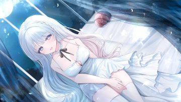 aliasing bicolored eyes blush braids breasts cleavage dress feathers gray hair kurage cc long hair moon night no bra original thighhighs