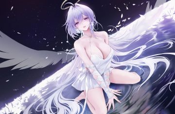 barefoot bow breasts cleavage dora (garyeong) dress grass halo long hair original purple eyes purple hair ribbons water wings