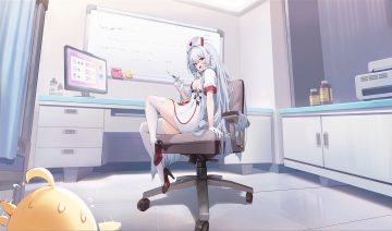 animal anthropomorphism azur lane bird computer dress fang garter belt gloves gray hair headdress headphones long hair manjuu (azur lane) nurse red eyes sideboob stockings stremitelny (azur lane) tail zzh100200