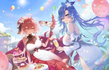 2girls applecaramel (acaramel) ass blue eyes blue hair blush braids breasts butterfly cantarella (wuthering waves) changli (wuthering waves) chinese clothes chinese dress cleavage clouds dress drink food long hair mask pink hair pizza see through sky twintails wuthering waves yellow eyes