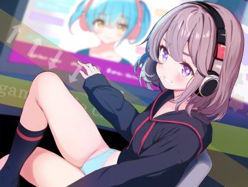 blush brown hair headphones hood kneehighs komone ushio original panties purple eyes short hair underwear