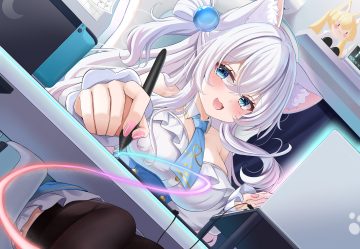 animal ears aqua eyes blush breasts catgirl cat smile computer game console gray hair kurashina yuzuki long hair original skirt thighhighs tie