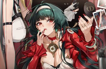 2girls astra yao blonde hair blush breasts choker cleavage evelyn chevalier gloves green hair headband long hair mirror necklace red eyes reflection rhtkd wristwear zenless zone zero