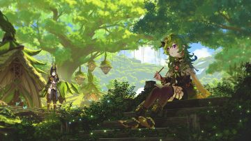 animal ears aqua eyes banjie black hair blush book boots building butterfly cape clouds collei (genshin impact) dress flowers forest garter genshin impact gloves green green hair hood leaves long hair male purple eyes scenic shade short hair sky stairs thighhighs tighnari (genshin impact) tree
