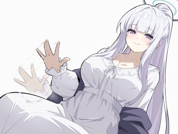 blue archive breasts cleavage gray hair halo long hair pajamas ponytail purple eyes reia 76 ushio noa white