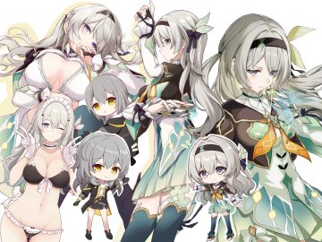 2girls bikini bow bra breast hold breasts cameltoe chibi choker cleavage dress firefly (honkai: star rail) gloves gray hair headband headdress honkai (series) honkai: star rail hood long hair maid purple eyes shirt lift short hair skirt stelle (honkai: star rail) swimsuit tagme (artist) thighhighs trailblazer (honkai: star rail) underwear wink yellow eyes