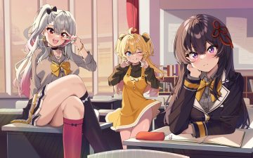 black hair blonde hair blue eyes blush book bow building choker dress fang gray hair kneehighs kuromiya reika kusaka yuno long hair necklace ponytail purple eyes ray (rays 26) red eyes re:fragment ~absolute ambition~ school uniform shirasaki maya shirt skirt twintails wink wristwear