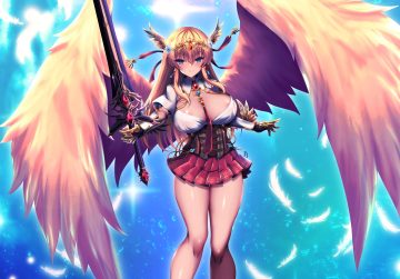 akina t aqua eyes armor blonde hair blush breasts corset feathers gloves headdress long hair no bra open shirt original shirt skirt sword tie weapon wings