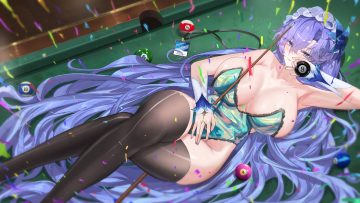 aqua eyes breasts cantarella (wuthering waves) headdress leotard long hair nick laojiao purple hair thighhighs wristwear wuthering waves