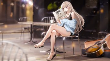 3d blonde hair blue eyes book breasts building chano39 cleavage dress guitar instrument long hair necklace original