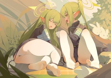 2girls ass blue archive gloves green hair halo leaves loli long hair panties pantyhose pointed ears shorts skirt sleeping sp (8454) tachibana hikari (blue archive) tachibana nozomi twintails underwear uniform yellow eyes