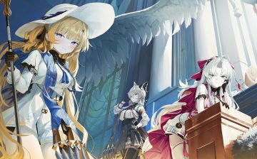 aliasing blonde hair bow carlotta (wuthering waves) chain dress gloves gray eyes gray hair hat headband horns jeon (user ywaw3774) long hair pantyhose phoebe (wuthering waves) ponytail purple eyes red eyes scarf shirt skirt staff thighhighs wuthering waves zani (wuthering waves)