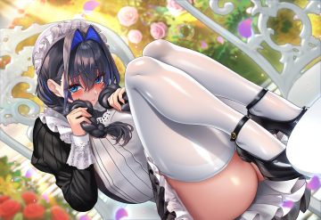 black hair blue eyes blush braids bubbles dress flowers headdress hololive jagoo leaves long hair maid ouro kronii petals rose thighhighs twintails upskirt