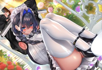 black hair blue eyes blush braids bubbles dress flowers gun headdress hololive jagoo leaves long hair maid ouro kronii petals rose thighhighs twintails upskirt weapon