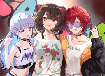 ange katrina animal ears bicolored eyes blue eyes brown hair choker doggirl fang graffiti gray hair inui toko lize helesta long hair nijisanji purple eyes red hair rikopin short hair sunglasses twintails