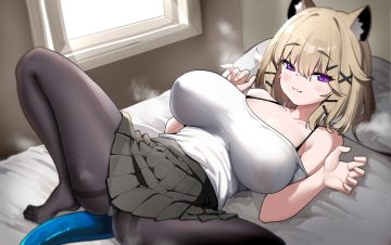 animal ears arknights bed bikini top blush breasts brown hair cameltoe cat smile dishui tangni panties pantyhose purple eyes see through short hair spread legs tail underwear utage (arknights)