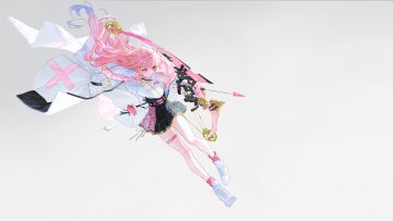 bow (weapon) breasts cleavage garter gradient gray long hair necklace original pink hair red eyes skirt socks tameiki weapon
