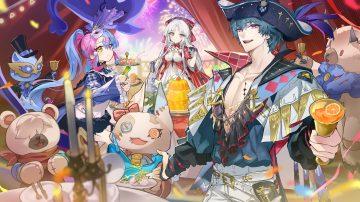 aqua hair bicolored eyes bow brant (wuthering waves) carlotta (wuthering waves) dress drink feathers fireworks food fruit garter gloves gray hair hat leenim loli long hair male mask open shirt orange (fruit) pero (wuthering waves) pirate purple eyes ribbons roccia (wuthering waves) shirt short hair sky strawberry teddy bear twintails wuthering waves