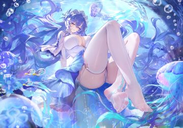 animal breasts bubbles cameltoe cantarella (wuthering waves) cleavage dress elbow gloves fish garter belt gloves headdress long hair meisansan panties purple eyes purple hair signed stockings underwater underwear upskirt water wuthering waves