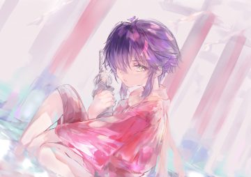 fuuka koji japanese clothes katana loli original purple hair scarf short hair sketch sword weapon yellow eyes
