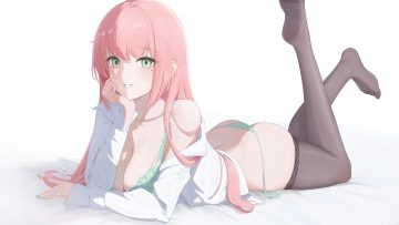ass blush bra breasts cleavage green eyes long hair open shirt original panties pantyhose pige pig pink hair shirt underwear