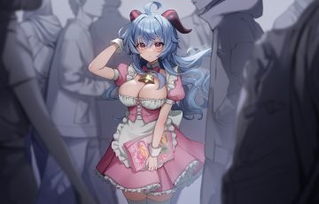 ankkoyom apron bell blue hair breasts cleavage corset dress ganyu (genshin impact) genshin impact group hood horns long hair maid purple eyes thighhighs waitress wristwear