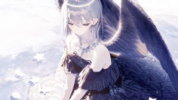 aliasing angel atha cross dress gray eyes gray hair halo long hair necklace original polychromatic ribbons water wings