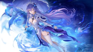 animal blue blue eyes breasts cantarella (wuthering waves) cleavage dress fish garter belt headdress kachi long hair purple hair stockings umbrella water wuthering waves