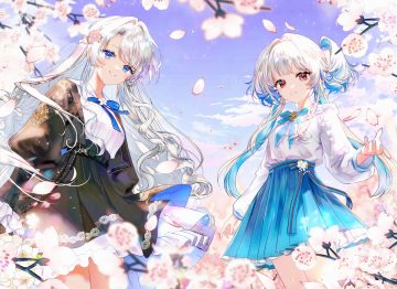 2girls blue eyes blush bow cherry blossoms clouds flowers long hair original petals red eyes shirt skirt sky sowon twintails white hair