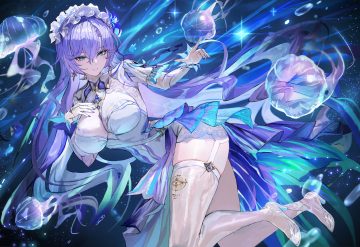 animal aqua eyes breast hold breasts bubbles cantarella (wuthering waves) cleavage dress garter belt headdress long hair purple hair sketch sonchi stockings underwater water wuthering waves
