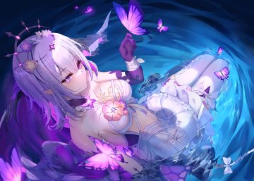 blush bow breasts butterfly castorice (honkai: star rail) cleavage dongyue sakura dress elbow gloves gloves headdress honkai (series) honkai: star rail purple eyes purple hair thighhighs water wristwear