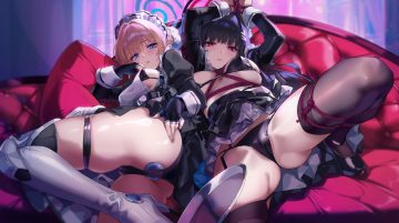 2girls anal ass asuma toki bikini blonde hair blue archive blue eyes blush bondage boots braids breasts cameltoe couch garter garter belt gloves halo headdress long hair maid red eyes rope short hair skirt skirt lift spread legs stockings swimsuit thighhighs tsukatsuki rio zomzomzomsauce