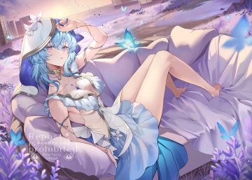 aqua hair barefoot beach breasts building butterfly choker cleavage clouds couch dress flowers headdress pi tayuko purple eyes see through shorekeeper (wuthering waves) short hair sky sunset water watermark wuthering waves