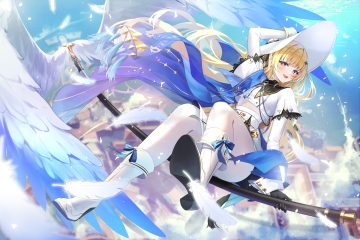blonde hair blush boots building caba (caba091) city dress feathers gloves hat long hair magic pantyhose phoebe (wuthering waves) purple eyes sky staff wings wuthering waves