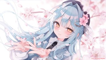 aqua hair blush bow cherry blossoms close flowers hat isumi sia long hair orange eyes petals ribbons shirt shu bii tie watermark