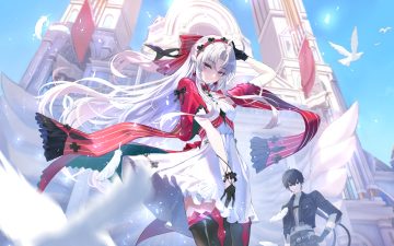 aliasing animal bird black eyes black hair blue eyes blush bow building carlotta (wuthering waves) dress feathers gloves gray hair headband lkeris long hair male male rover (wuthering waves) necklace ponytail sky thighhighs wuthering waves