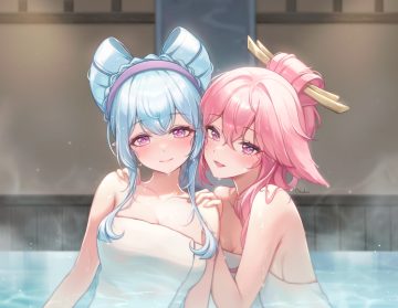 2girls animal ears bath blue hair blush braids breasts cat smile cleavage foxgirl genshin impact gloria (gloriao30) headband pink hair pointed ears purple eyes signed towel water wet yae miko yumemizuki mizuki