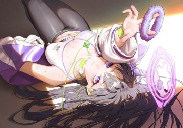 black cola black hair blue archive blush breasts choker halo headphones long hair navel otohana sumire purple eyes sports bra wet wristwear