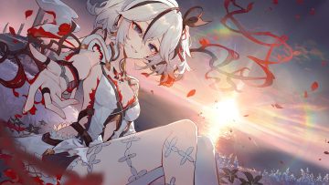 blue eyes blush breasts camellya (wuthering waves) cleavage clouds dress grass gray hair kuroduki leaves magic petals short hair sky sunset twintails water wuthering waves