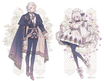 blue eyes bow breasts cape choker cleavage flowers headdress lemon89h lolita fashion long hair male original pantyhose short hair signed white white hair yellow eyes