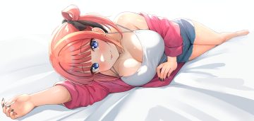 bed blush breasts cleavage go-toubun no hanayome hood long hair nakano nino pink hair purple eyes shiitake taishi